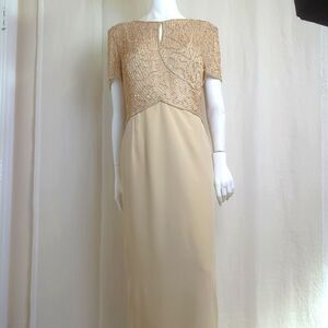 Montage Mon Cheri Tan  MOB Gown Beaded Bodice and Tan Straight Skirt Size 18